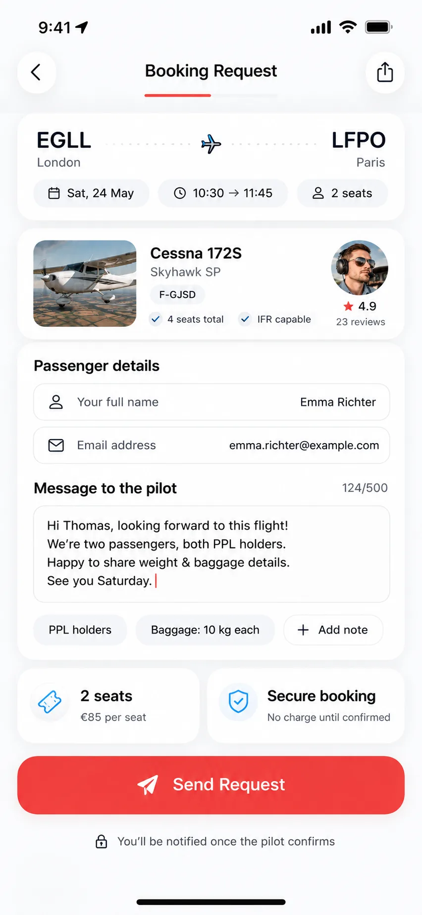 Booking screen