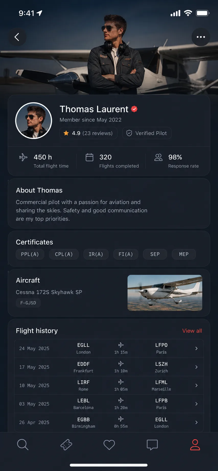 Pilot profile on AvioSharing